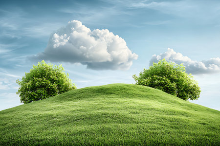 A picturesque view of vibrant green hills featuring lush trees under a bright blue sky with fluffy clouds, evoking tranquility and natural beauty.の写真素材