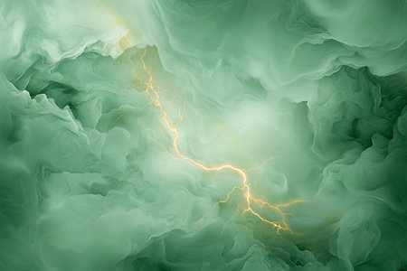 This captivating abstract image features swirling green clouds illuminated by a striking lightning bolt, conveying a sense of energy and drama. Perfect for background use.の写真素材