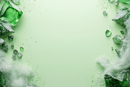 An abstract arrangement of green glass fragments frames a soft background, ideal for creative...