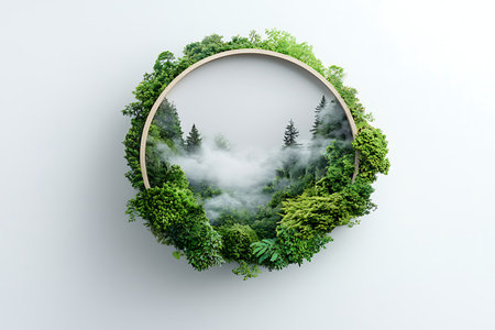 This artistic depiction showcases a serene forest landscape framed in a circular design, emphasizing lush greenery, mist, and tranquility for nature lovers.の写真素材