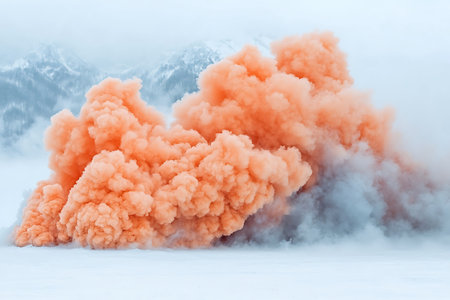 A captivating scene featuring vibrant orange smoke billowing over a snowy landscape, framed by majestic mountains and an overcast sky.の写真素材