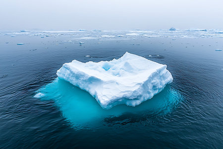 This image captures an isolated iceberg floating in calm, dark blue Arctic waters beneath a hazy...