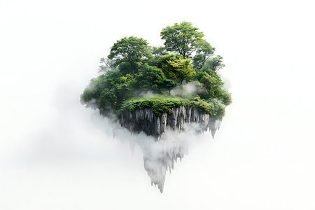 A captivating floating island in a heart shape, adorned with lush greenery and surrounded by soft mist. Perfect for dreamlike themes in art and design.の写真素材
