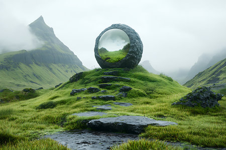 A stunning stone ring nestled on a grassy hill, surrounded by majestic mountains in a foggy Icelandic landscape, offers a serene and reflective atmosphere.の写真素材