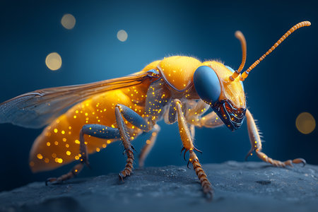 This macro shot captures a colorful insect with glowing features against a soft bokeh background, showcasing intricate details and vibrant colors that highlight its beauty.の写真素材