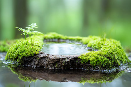 A serene nature scene featuring a small pond surrounded by lush green moss and delicate plants. The...