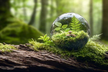 A captivating glass sphere encases vibrant greenery, including delicate ferns and a small mushroom, situated on a moss-covered log in a serene forest scene.の写真素材
