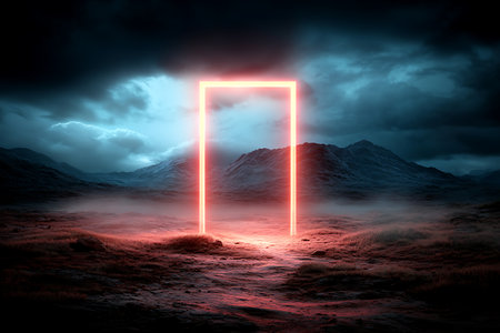 A mystical glowing portal emerges amidst a dramatic landscape of mountains under gloomy clouds. This captivating scene evokes wonder and adventure.の写真素材