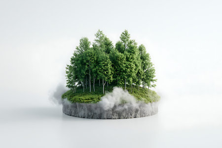 A serene island featuring a lush green forest surrounded by soft clouds creates a peaceful...