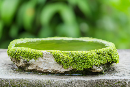 A flat stone water dish covered in vibrant green moss, set against a lush natural backdrop, creating...