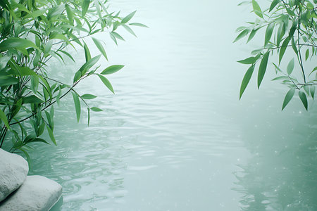 Immerse yourself in this tranquil scene featuring serene water reflections, vibrant green leaves, and smooth stones, creating a peaceful and calming atmosphere.の写真素材