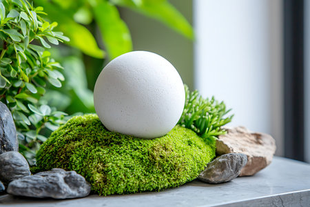 A serene arrangement featuring a white round stone on lush green moss, surrounded by pebbles and...