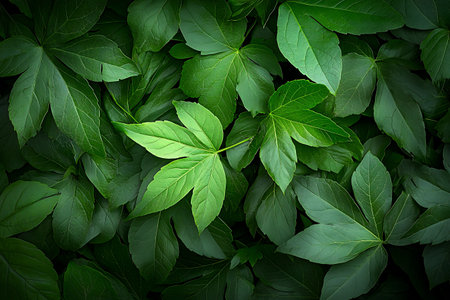 A captivating background of lush green leaves showcasing a variety of shapes and textures, perfect for designs emphasizing nature and tranquility.の写真素材