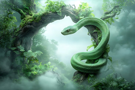 A mesmerizing green snake elegantly coiled on a tree branch, enveloped by lush greenery and mist....