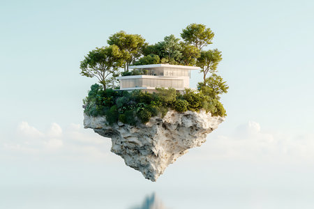 A stunning floating house rests on a rocky island, surrounded by lush trees against a blue sky, showcasing modern architecture integrated with nature.の写真素材