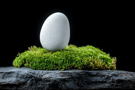 This captivating image features a smooth white egg resting on vibrant green moss atop a dark stone surface. The serene composition evokes themes of nature, simplicity, and elegance.の写真素材