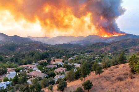 A captivating view of a wildfire engulfing hills, with thick smoke and bright flames threatening nearby homes. The dramatic backdrop highlights the impact on nature and community.の写真素材