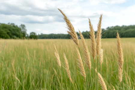 A serene image of tall grass swaying gently in a natural landscape under a cloudy sky, reflecting tranquility and vibrant outdoor beauty.の写真素材