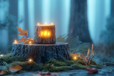 A charming stump adorned with glowing lights sits in a tranquil, misty forest during autumn. This enchanting scene captures the magic and beauty of nature at dusk.の写真素材