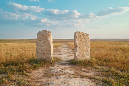 A tranquil pathway leads through stone pillars under a clear blue sky, surrounded by golden grass at sunset, capturing the essence of nature's beauty.の写真素材