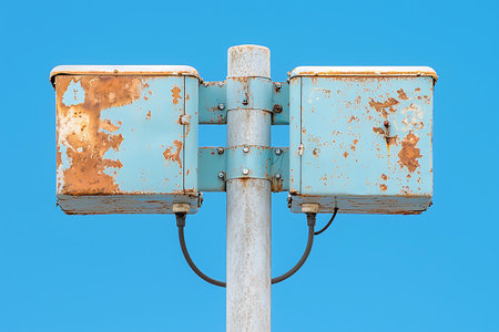 This image showcases a weathered utility box mounted on a metal pole, featuring peeling paint and corrosion, set against a clear blue sky. Ideal for illustrating urban infrastructure.の写真素材