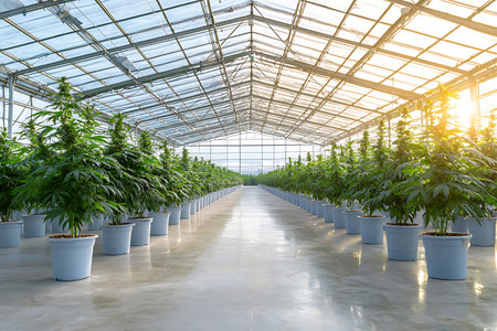 Brightly lit greenhouse filled with healthy cannabis plants growing in neat rows. The modern structure allows for optimal light and conditions for growth.の写真素材