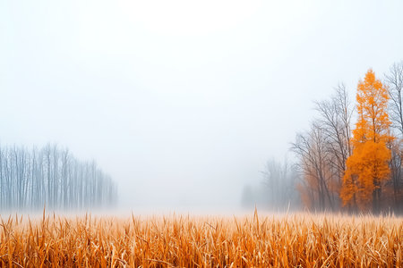 A serene landscape showcases golden grasses against a misty backdrop, featuring bare trees and colorful autumn foliage, creating a tranquil atmosphere.の写真素材