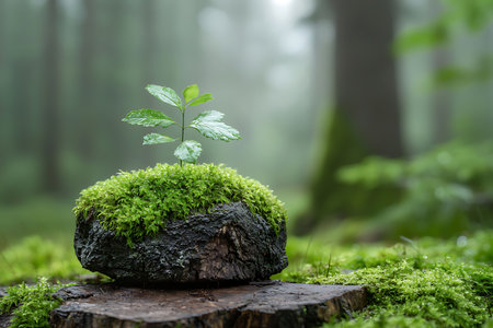 A young plant emerges from a mossy rock in a serene forest, surrounded by soft fog, showcasing the beauty of nature's resilience and tranquility.の写真素材