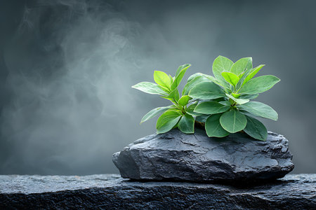A beautiful arrangement of fresh green leaves atop a gray stone, surrounded by gentle mist. This serene setting evokes feelings of tranquility and natural beauty, ideal for wellness themes.の写真素材