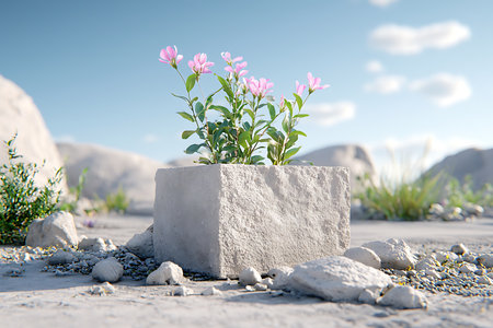 A striking image of pink flowers emerging from a concrete block in a serene, natural setting under a blue sky. Perfect for themes of resilience and beauty.の写真素材