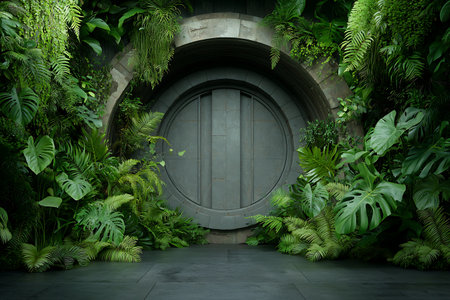 A captivating view of a circular doorway framed by vibrant green foliage, inviting exploration into a lush tropical environment filled with rich textures and tranquil beauty.の写真素材