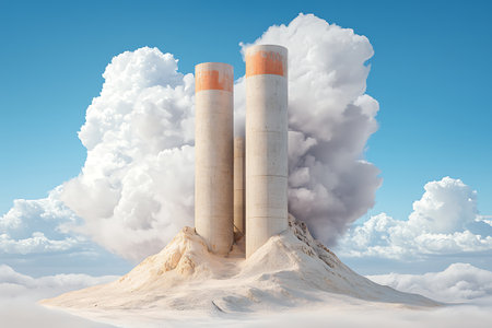 A striking image of two industrial concrete towers rising from a sandy landscape, surrounded by clouds. This unique scene showcases a blend of nature and industry against a vibrant blue sky.の写真素材