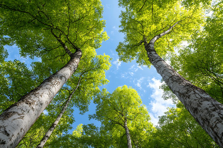 A stunning view of tall trees reaching towards a bright blue sky, showcasing vibrant green leaves...