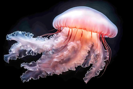 A stunning jellyfish floats gracefully in the deep ocean, showcasing its elegant form and vibrant...