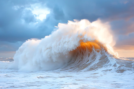 A stunning ocean wave crashes against the shore at sunset, showcasing vibrant colors and dramatic foam. The scene captures the raw beauty of nature's power.の写真素材