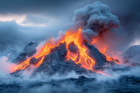 A stunning view of an erupting volcano, showcasing bright lava flow and dramatic clouds against a mystical landscape. A powerful natural phenomenon.の写真素材
