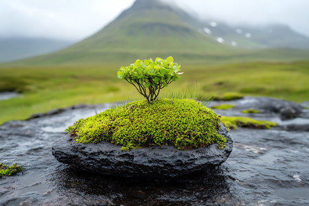 A vibrant green plant thrives on a rocky surface, surrounded by foggy mountains. This serene...