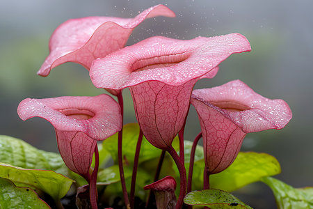Beautiful close-up of pink pitcher plants with intricate details and droplets, set against lush green leaves, creating a serene and tranquil atmosphere in nature.の写真素材