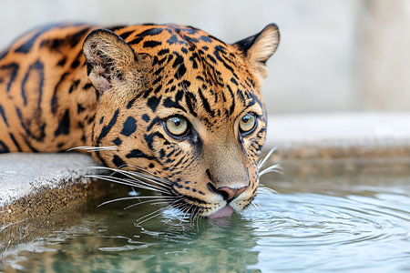 A captivating close-up of a jaguar drinking water from a stone pool, showcasing its vibrant fur and intense gaze. This image represents the beauty of wildlife in its natural habitat.の写真素材