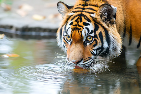 A striking portrait of a tiger gracefully approaching a water surface, capturing the essence of its natural habitat and vibrant colors.の写真素材