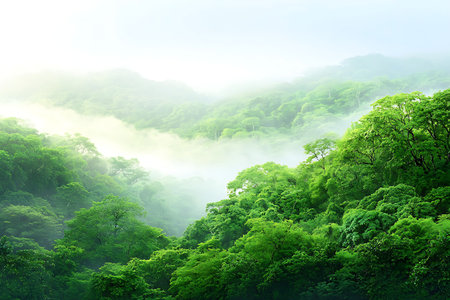 Explore a breathtaking view of a lush green forest enveloped in mist during early morning light, showcasing a serene and tranquil atmosphere in nature.の写真素材