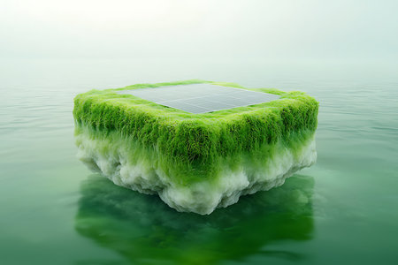 A unique floating platform features solar panels surrounded by thriving green algae, symbolizing innovation in sustainable energy and marine conservation.の写真素材
