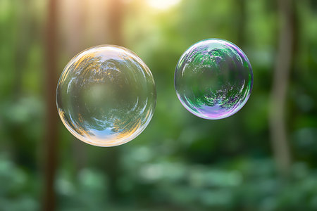 Two iridescent soap bubbles float gracefully in a serene forest setting, capturing the essence of...