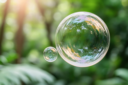 Elegant soap bubbles float gracefully in a vibrant green nature setting, capturing the soft sunlight and reflections from the surrounding foliage.の写真素材