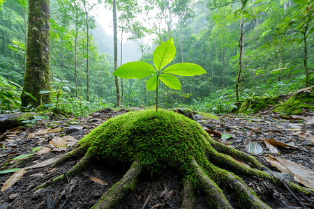 A vibrant young sprout emerges from a moss-covered root in a tranquil forest. Soft sunlight filters...