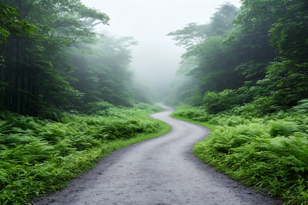 A serene misty path winds through a lush green forest, enveloped in fog. This tranquil scene invites...
