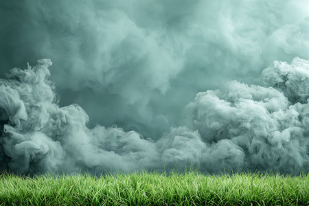 A beautiful misty landscape featuring lush green grass and dramatic, billowing clouds in the sky. Ideal for nature and tranquility themes.の写真素材