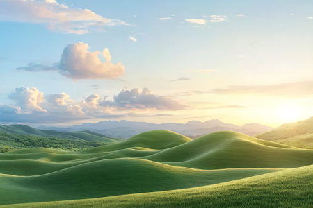 A picturesque view of soft green hills bathed in warm sunlight under a serene sky filled with clouds. A stunning natural landscape ideal for relaxation and inspiration.の写真素材