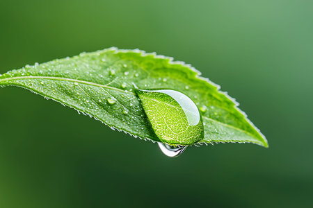 Close-up image of a water droplet resting on a green leaf, capturing the essence of nature's beauty...