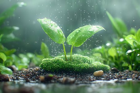 A pair of fresh green sprouts emerges from mossy soil as raindrops cascade down, highlighting the...